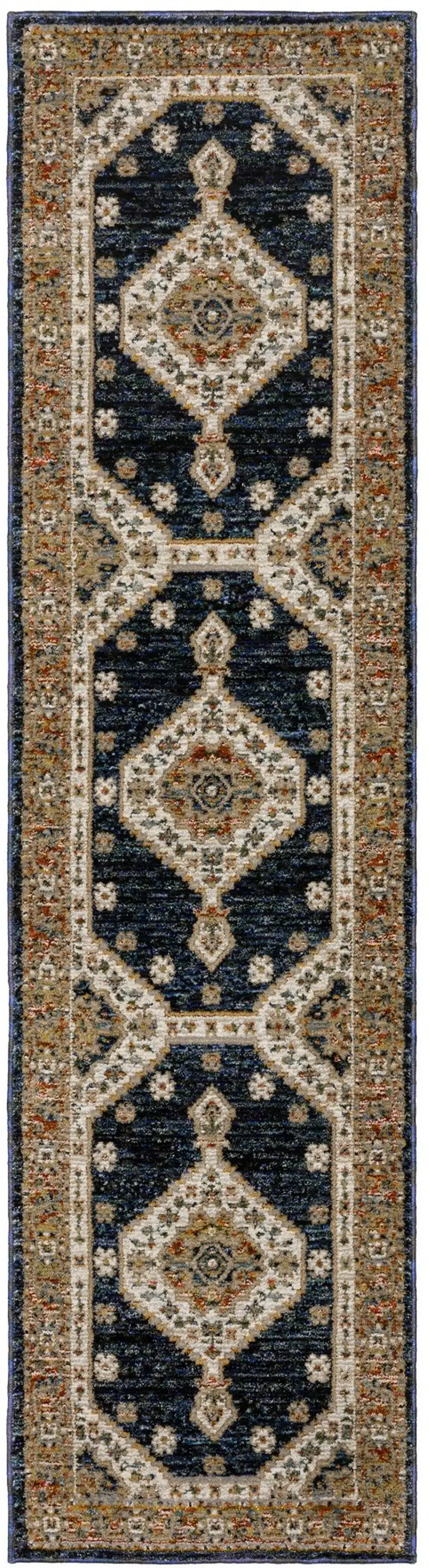 8' Blue And Orange Medallion Runner Rug Photo 4
