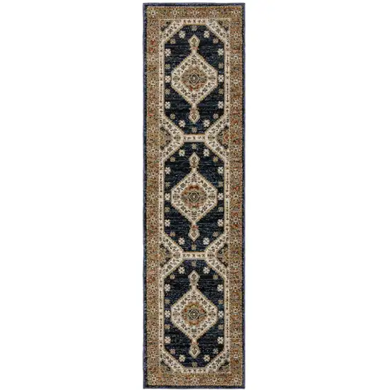8' Blue And Orange Medallion Runner Rug Photo 4