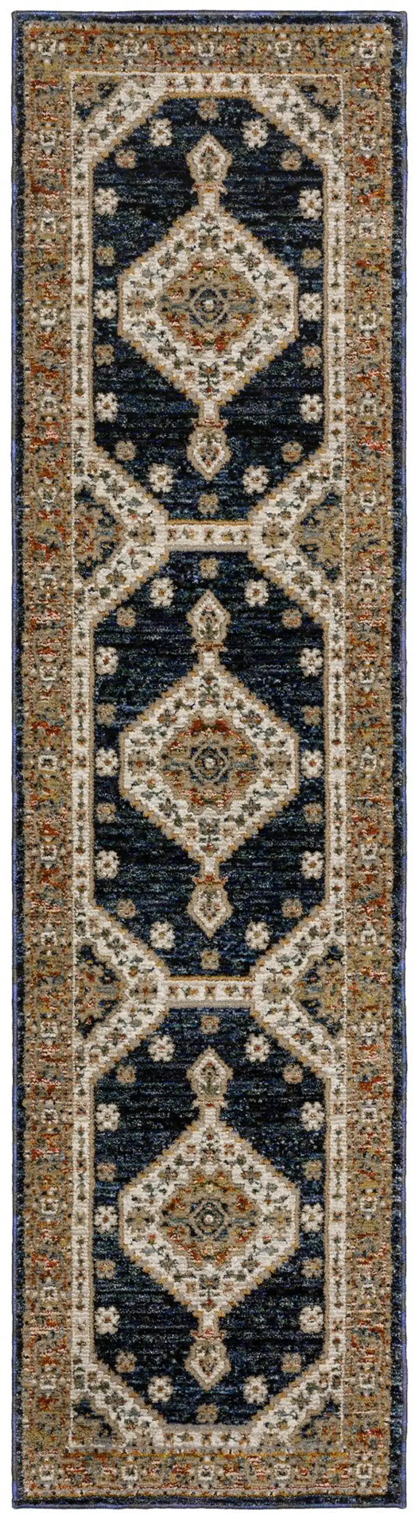 8' Blue And Orange Medallion Runner Rug Photo 2