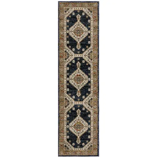 8' Blue And Orange Medallion Runner Rug Photo 2