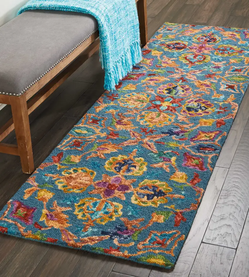 8' Blue And Orange Wool Floral Hand Tufted Runner Rug Photo 5
