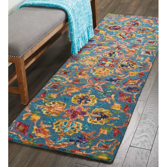 8' Blue And Orange Wool Floral Hand Tufted Runner Rug Photo 5
