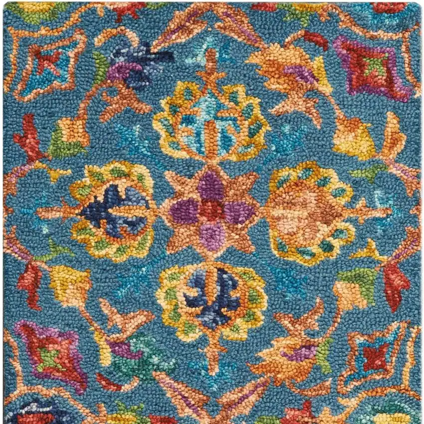8' Blue And Orange Wool Floral Hand Tufted Runner Rug Photo 7