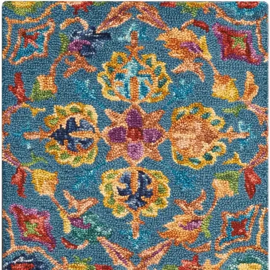 8' Blue And Orange Wool Floral Hand Tufted Runner Rug Photo 7