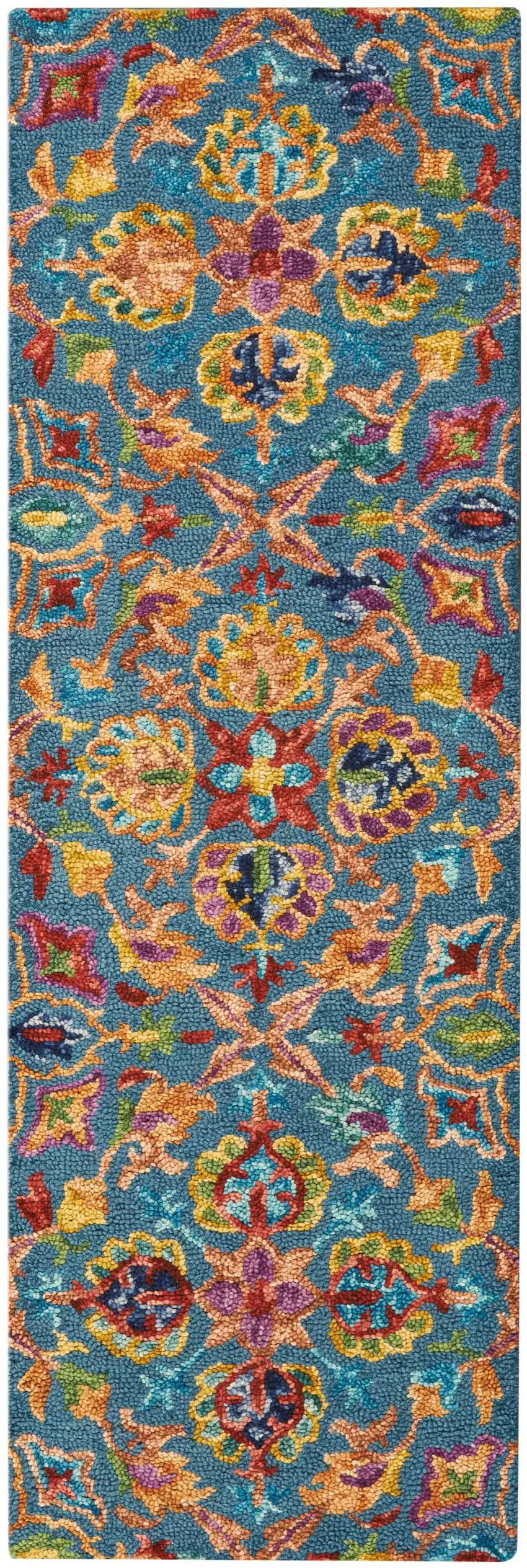 8' Blue And Orange Wool Floral Hand Tufted Runner Rug Photo 4