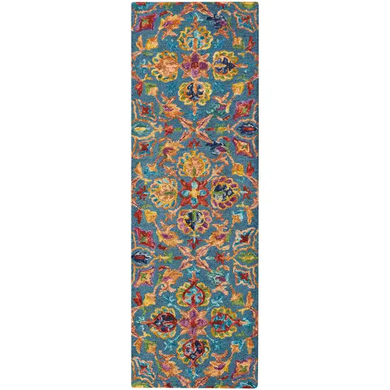 8' Blue And Orange Wool Floral Hand Tufted Runner Rug Photo 4