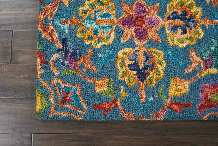 8' Blue And Orange Wool Floral Hand Tufted Runner Rug Photo 9