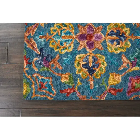 8' Blue And Orange Wool Floral Hand Tufted Runner Rug Photo 9