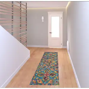 Photo of 8' Blue And Orange Wool Floral Hand Tufted Runner Rug