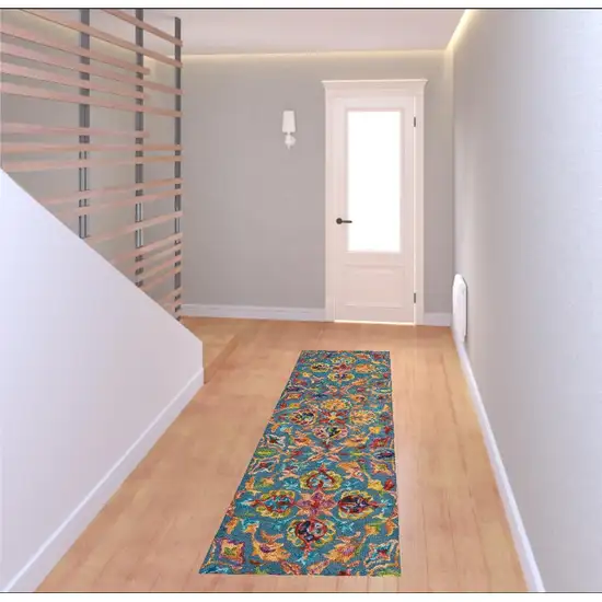 8' Blue And Orange Wool Floral Hand Tufted Runner Rug Photo 1