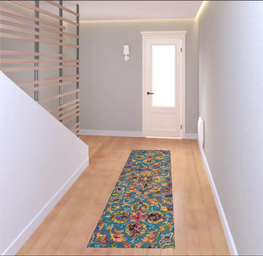 8' Blue And Orange Wool Floral Hand Tufted Runner Rug Photo 1