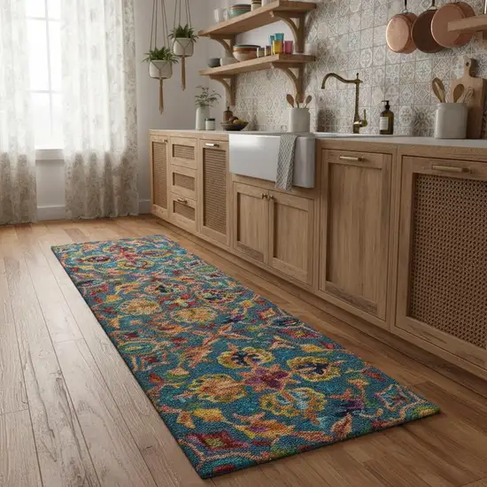 8' Blue And Orange Wool Floral Hand Tufted Runner Rug Photo 1