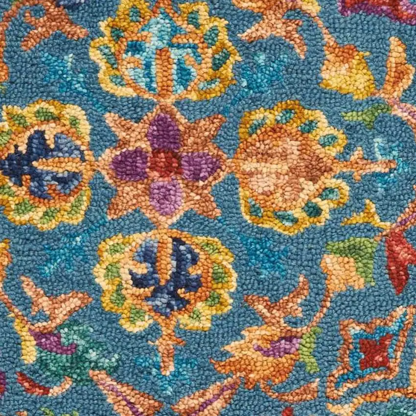 8' Blue And Orange Wool Floral Hand Tufted Runner Rug Photo 6