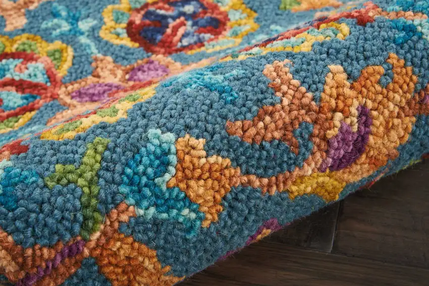 8' Blue And Orange Wool Floral Hand Tufted Runner Rug Photo 8