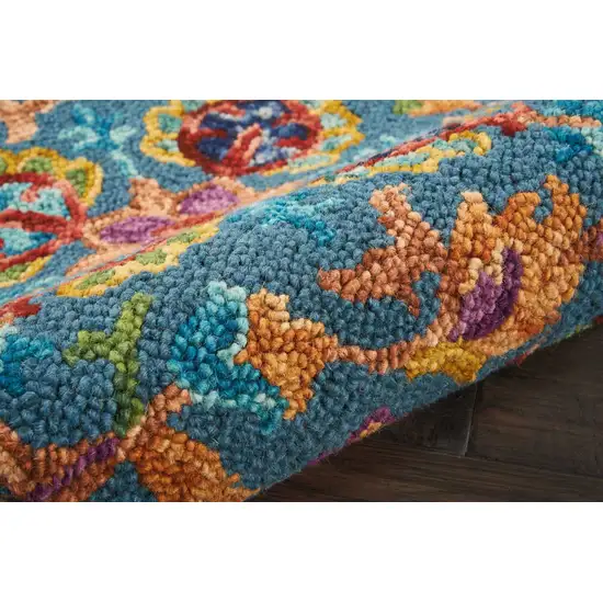 8' Blue And Orange Wool Floral Hand Tufted Runner Rug Photo 8