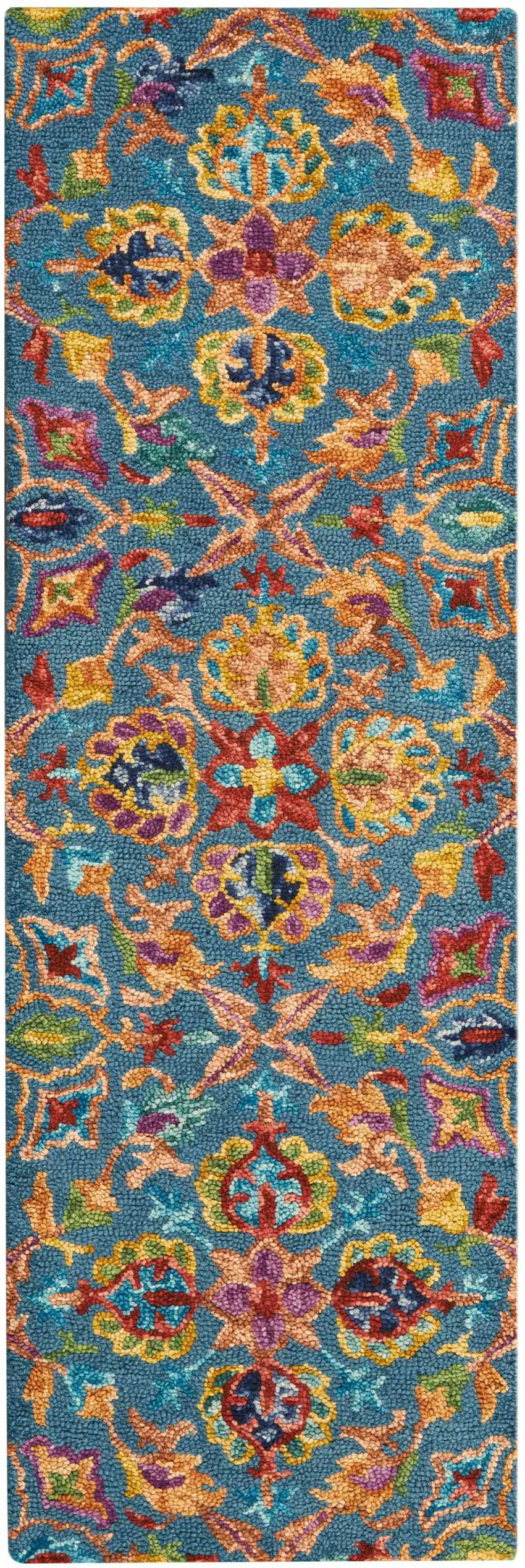 8' Blue And Orange Wool Floral Hand Tufted Runner Rug Photo 2