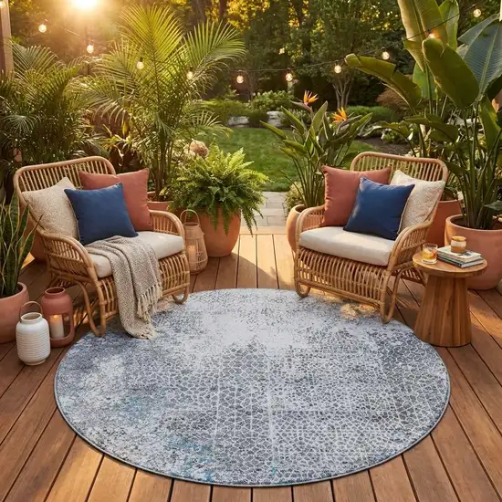 8' Blue And Pewter Round Abstract Washable Indoor Outdoor Area Rug Photo 1