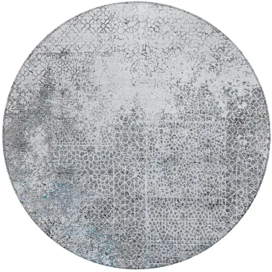 8' Blue And Pewter Round Abstract Washable Indoor Outdoor Area Rug Photo 4