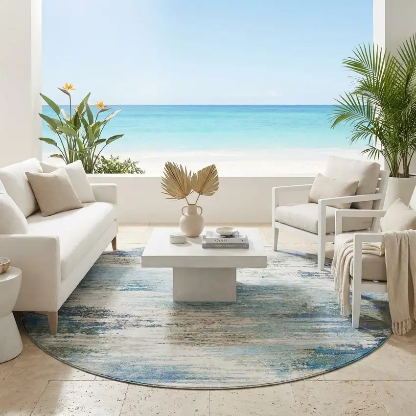 8' Blue And Pewter Round Abstract Washable Indoor Outdoor Area Rug Photo 1