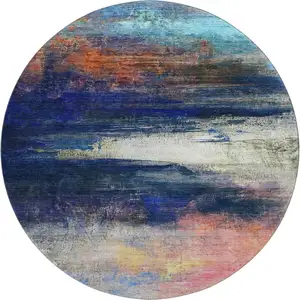 Photo of 8' Blue And Pink Abstract Washable Round Rug With UV Protection