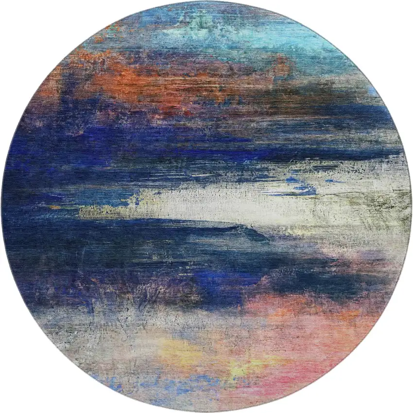 8' Blue And Pink Abstract Washable Round Rug With UV Protection Photo 1