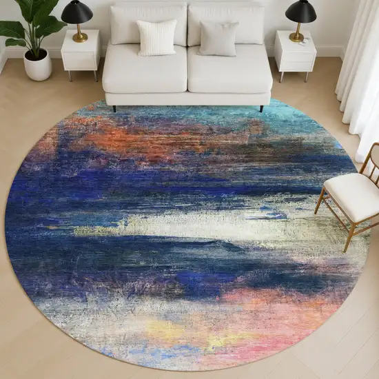 8' Blue And Pink Abstract Washable Round Rug With UV Protection Photo 5