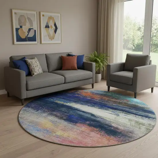 8' Blue And Pink Abstract Washable Round Rug With UV Protection Photo 2