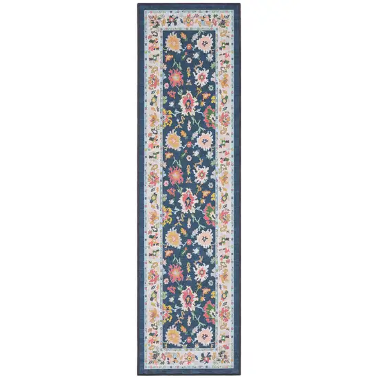 7' Blue And Pink Oriental Washable Runner Rug Photo 2