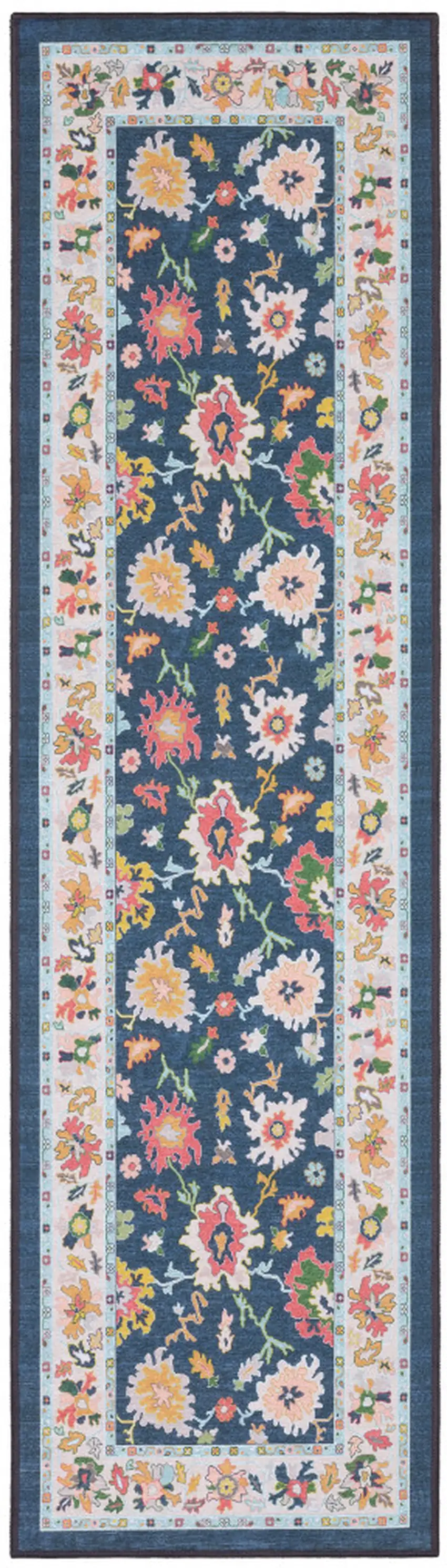 7' Blue And Pink Oriental Washable Runner Rug Photo 2