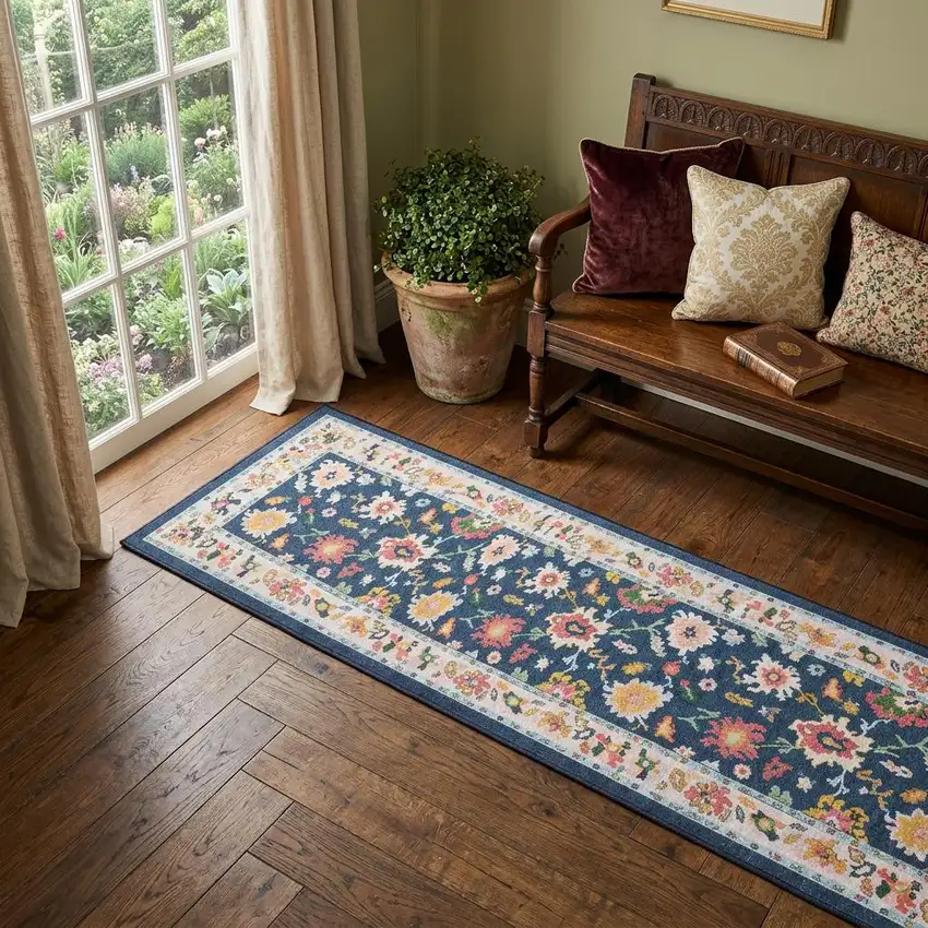 7' Blue And Pink Oriental Washable Runner Rug Photo 1