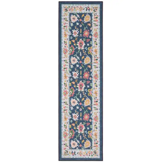7' Blue And Pink Oriental Washable Runner Rug Photo 4