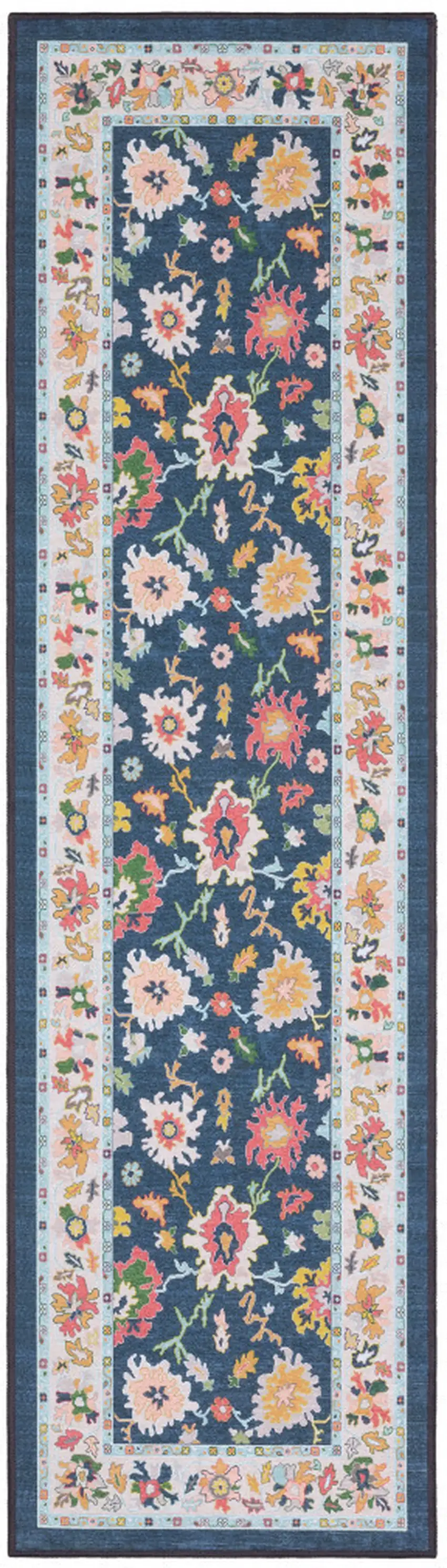 7' Blue And Pink Oriental Washable Runner Rug Photo 4