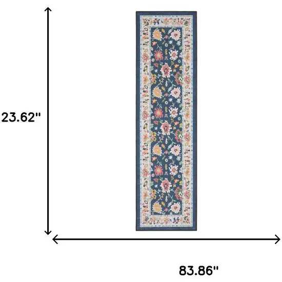 7' Blue And Pink Oriental Washable Runner Rug Photo 7