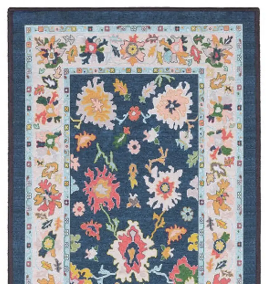 7' Blue And Pink Oriental Washable Runner Rug Photo 3