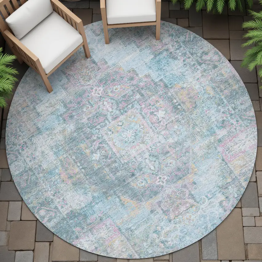 8' Blue And Pink Round Medallion Washable Indoor Outdoor Area Rug Photo 5