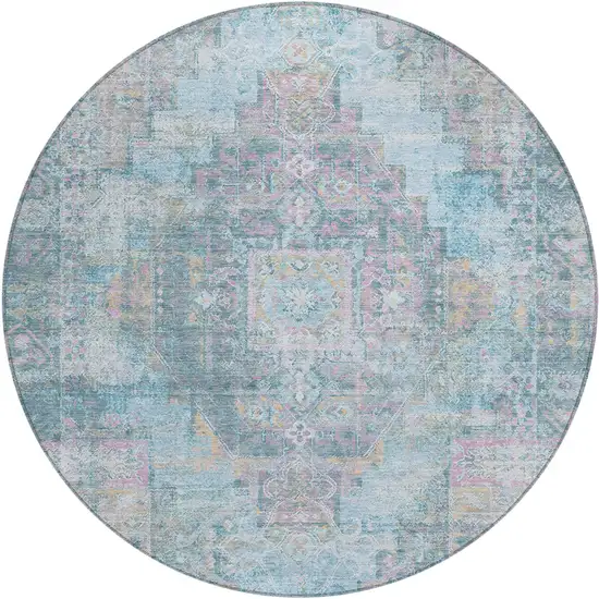 8' Blue And Pink Round Medallion Washable Indoor Outdoor Area Rug Photo 2