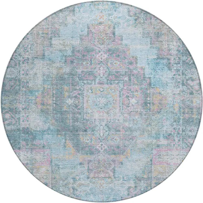 8' Blue And Pink Round Medallion Washable Indoor Outdoor Area Rug Photo 2
