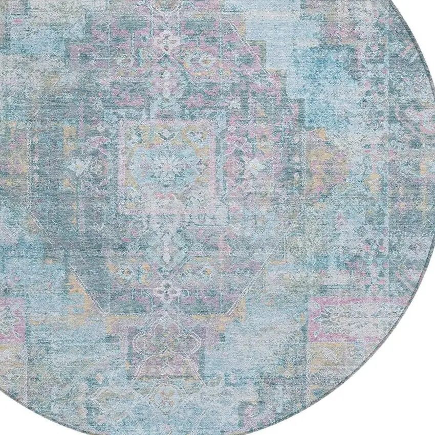 8' Blue And Pink Round Medallion Washable Indoor Outdoor Area Rug Photo 4