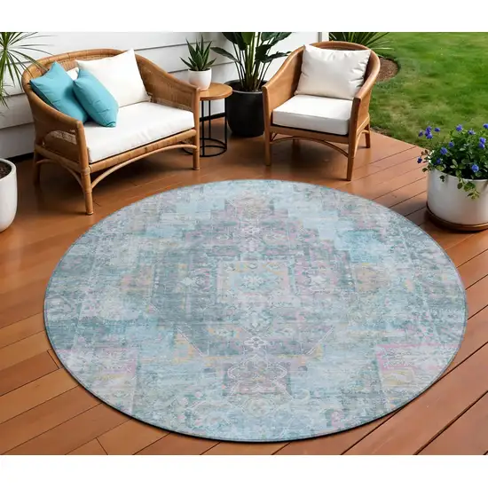 8' Blue And Pink Round Medallion Washable Indoor Outdoor Area Rug Photo 1