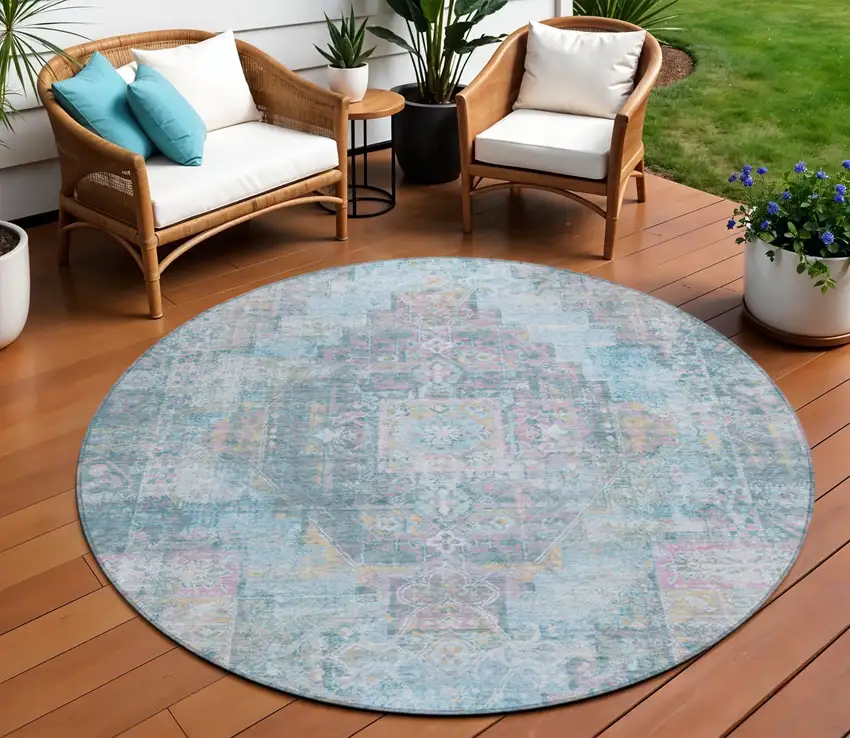8' Blue And Pink Round Medallion Washable Indoor Outdoor Area Rug Photo 1
