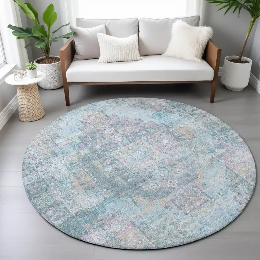 8' Blue And Pink Round Medallion Washable Indoor Outdoor Area Rug Photo 6
