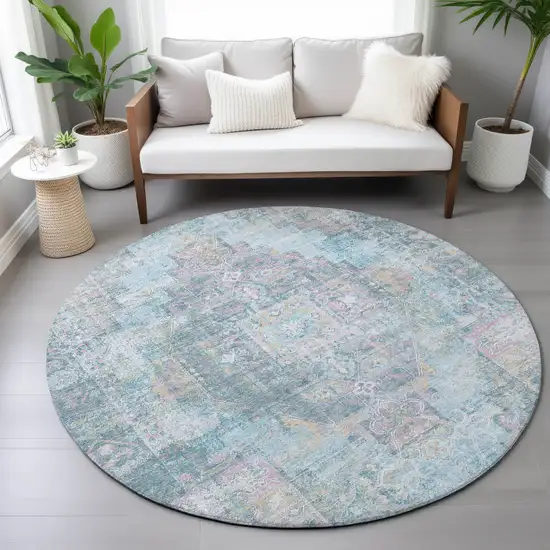 8' Blue And Pink Round Medallion Washable Indoor Outdoor Area Rug Photo 6
