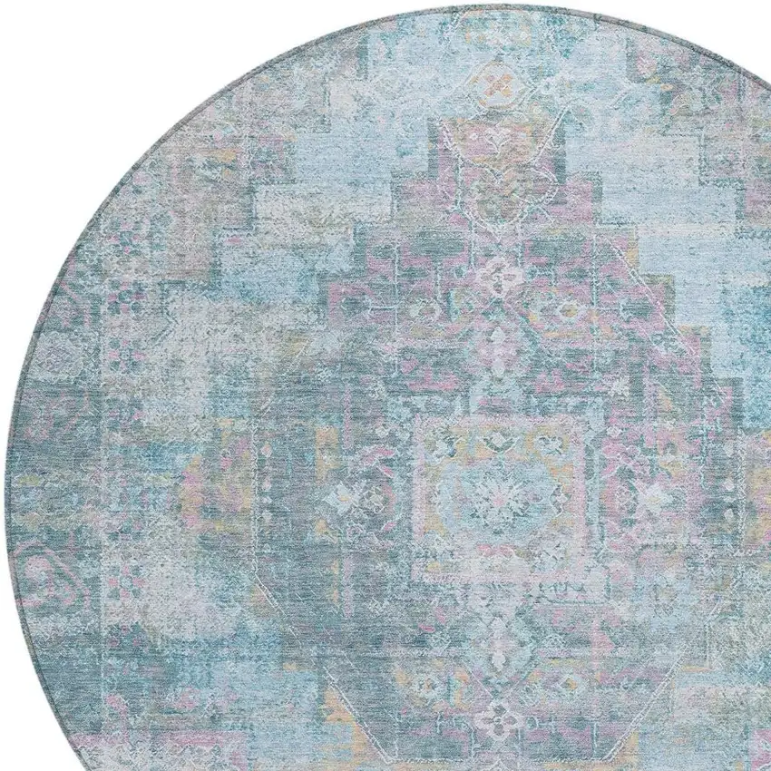 8' Blue And Pink Round Medallion Washable Indoor Outdoor Area Rug Photo 7
