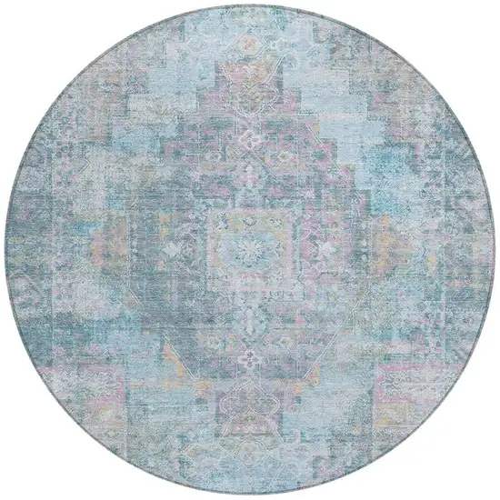 8' Blue And Pink Round Medallion Washable Indoor Outdoor Area Rug Photo 3