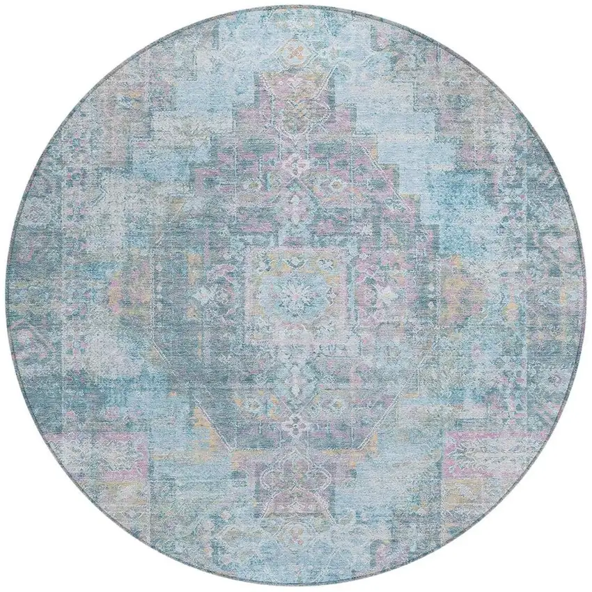 8' Blue And Pink Round Medallion Washable Indoor Outdoor Area Rug Photo 3