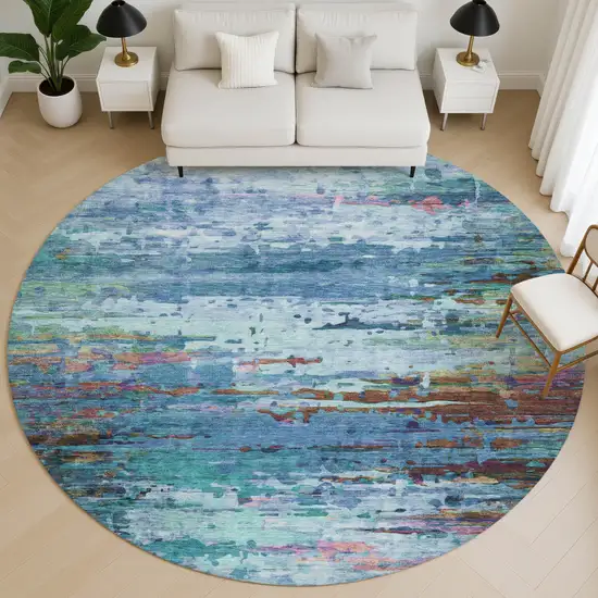 8' Blue And Purple Abstract Washable Round Rug With UV Protection Photo 5