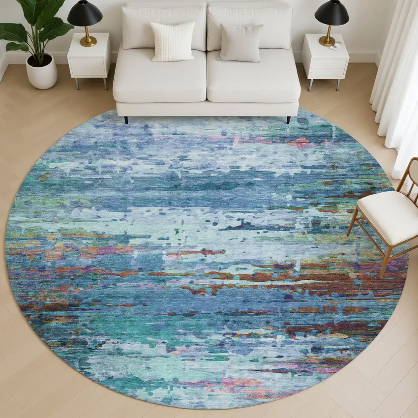 8' Blue And Purple Abstract Washable Round Rug With UV Protection Photo 5