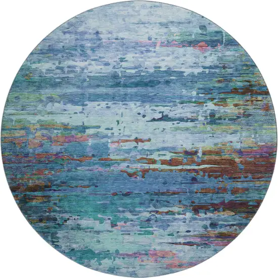 8' Blue And Purple Abstract Washable Round Rug With UV Protection Photo 1
