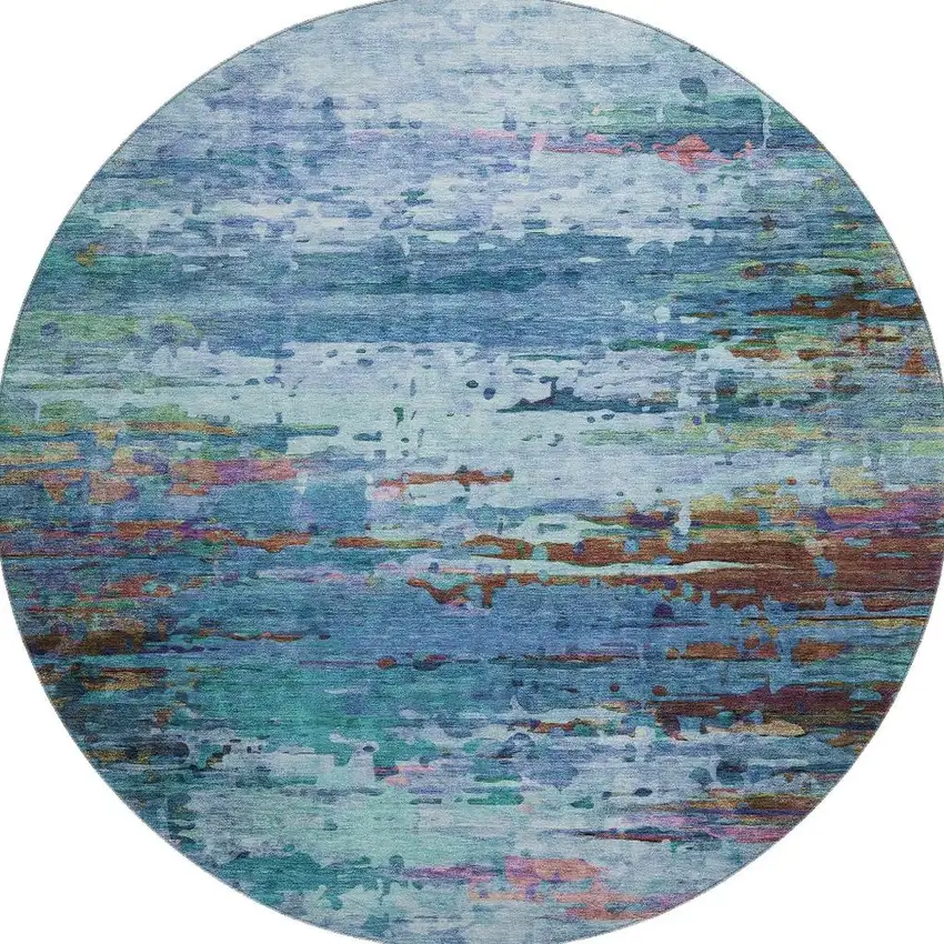 8' Blue And Purple Abstract Washable Round Rug With UV Protection Photo 3