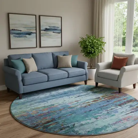 8' Blue And Purple Abstract Washable Round Rug With UV Protection Photo 2